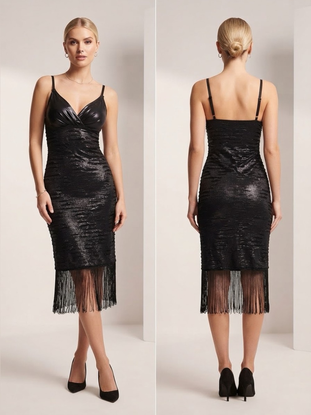 Black Textured Fringe Flapper Cocktail Dress
Ruched Bust Spaghetti Strap V-Neck